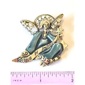 Christmas Guardian Angel Brooch Enamel Teal Color